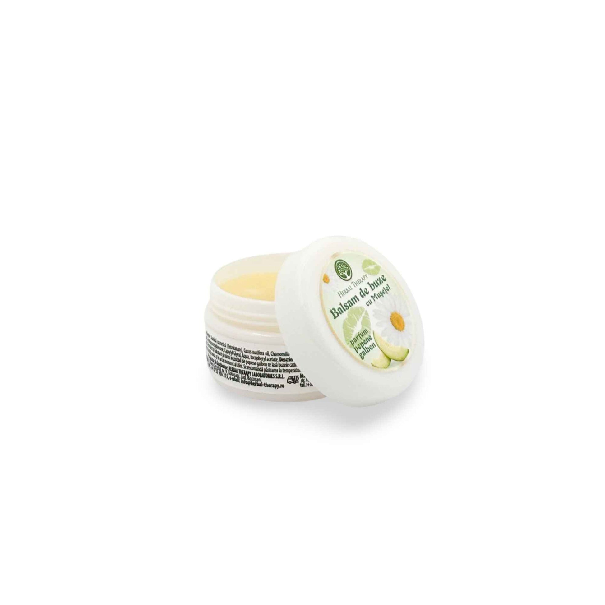 Spatele borcanului cosmetic cu balsam de buze cu mușețel și pepene galben, Herbal Therapy, cu detalii despre ingrediente.