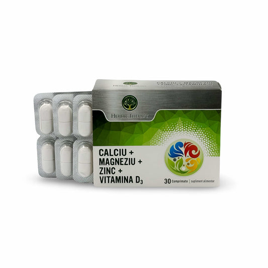 Calciu + Magneziu + Zinc + Vitamina D3, 30 comprimate – Supliment alimentar pentru oase, mușchi & imunitate