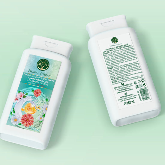 Recipient de cremă de corp hidratantă cu Niacinamida (vitamina B3), uleiuri si extracte herbal, Herbal Therapy, 250 ml.