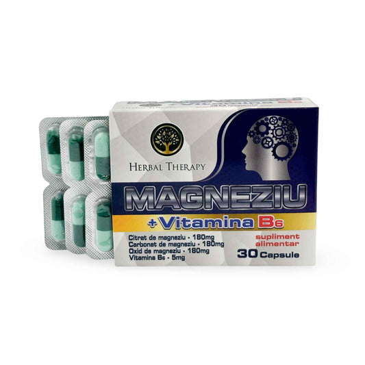 Magneziu + Vitamina B6 -  Reduce oboseala și stresul, 30 capsule