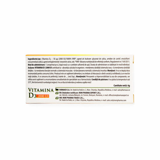 Vitamina D3 2000 UI, 30 comprimate – Supliment alimentar pentru oase, dinți & imunitate