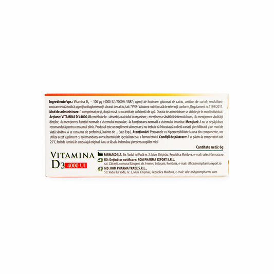 Vitamina D3 4000 UI, 30 comprimate – Supliment alimentar pentru oase, dinți & imunitate