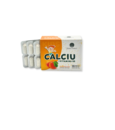 CALCIU CU VITAMINA D3 AROMA DE CAISE KIDS X 30 CPR, calciu 250mg (sub forma de carbonat de calciu 625 mg), vit. D3 (cholecalciferol)- 5ug