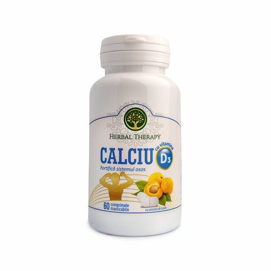 Calciu cu Vitamina D3 și Aromă de Caise - Întărirea oaselor și dinților și Prevenirea osteoporozei, 60 Comprimate Masticabile