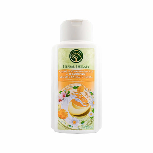 Recipient de cremă de corp hidratantă cu D-panthenol și parfum de pepene galben, Herbal Therapy, 250 ml.