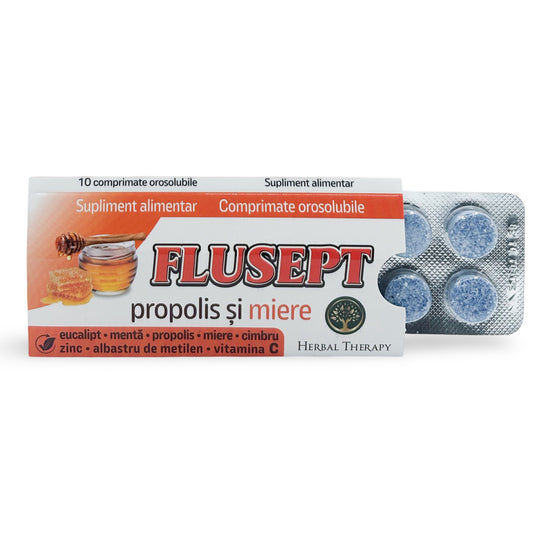 Flusept cu Propolis și Miere - Calmarea durerii din gât, 10 comprimate orosolubile