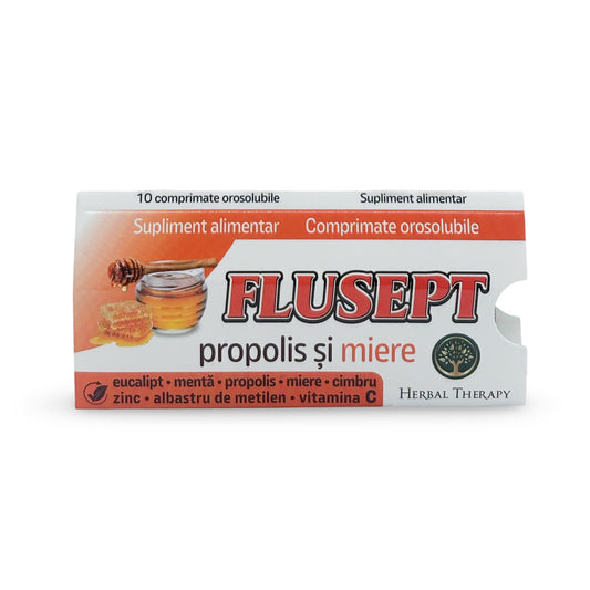 Flusept cu Propolis și Miere - Calmarea durerii din gât, 10 comprimate orosolubile