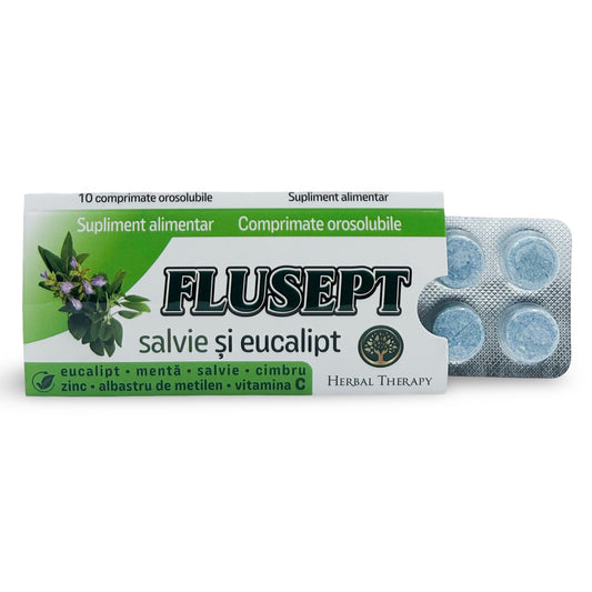 Flusept cu Salvie și Eucalipt - Calmarea durerii din gât, 10 comprimate orosolubile