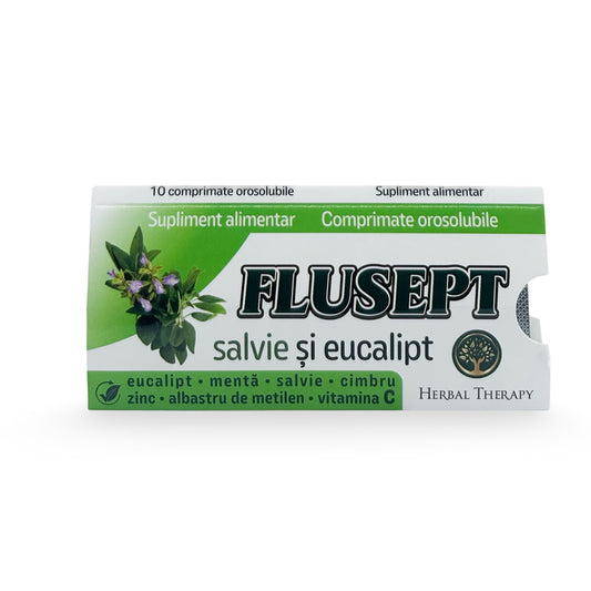 Flusept cu Salvie și Eucalipt - Calmarea durerii din gât, 10 comprimate orosolubile