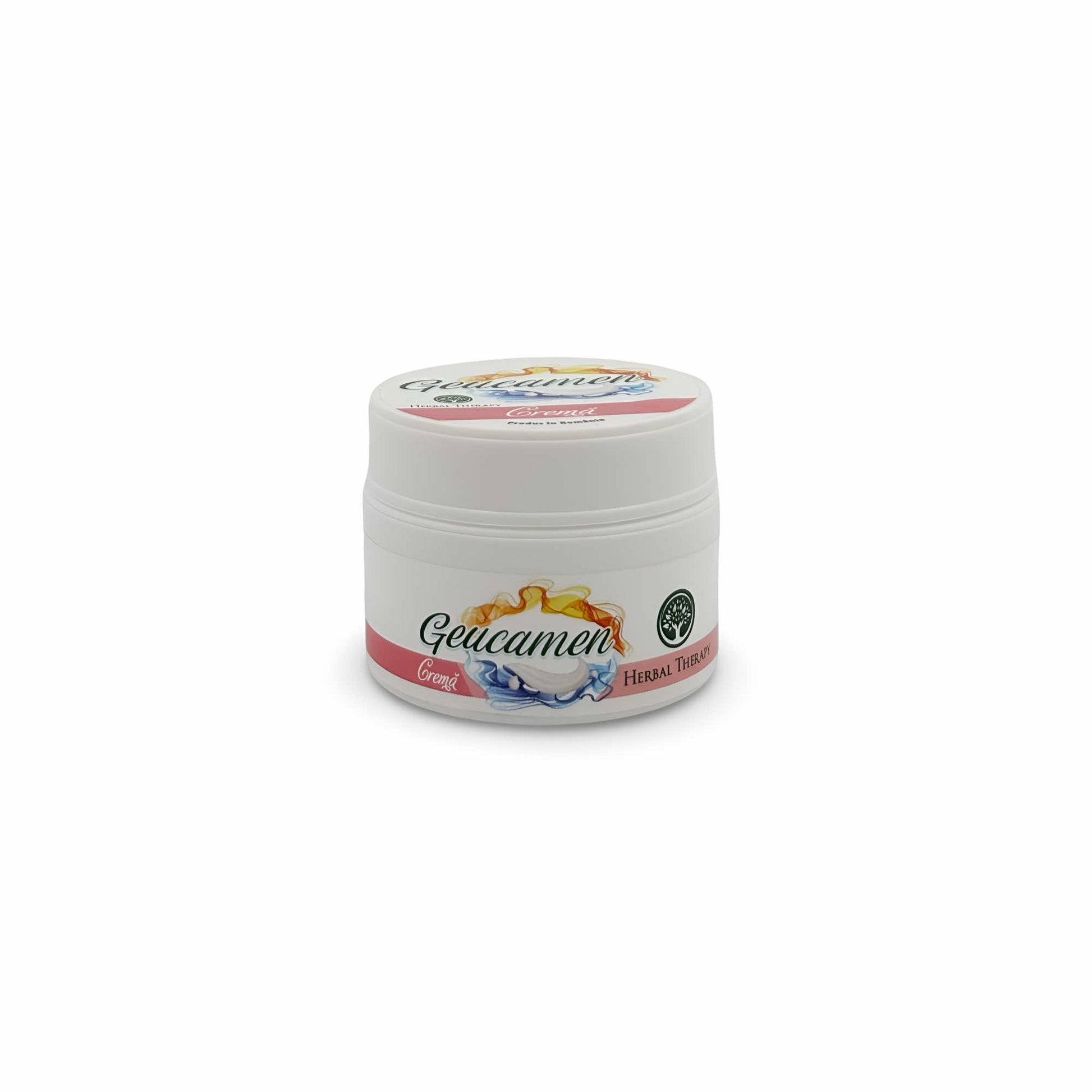 Borcan cosmetic de cremă Geucamen, Herbal Therapy, văzut din față, capac închis.