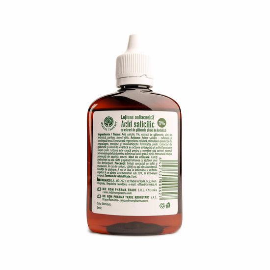 Spatele sticlei loțiune antiacneică Herbal Therapy cu 1% acid salicilic, 100 ml, lista ingredientelor.