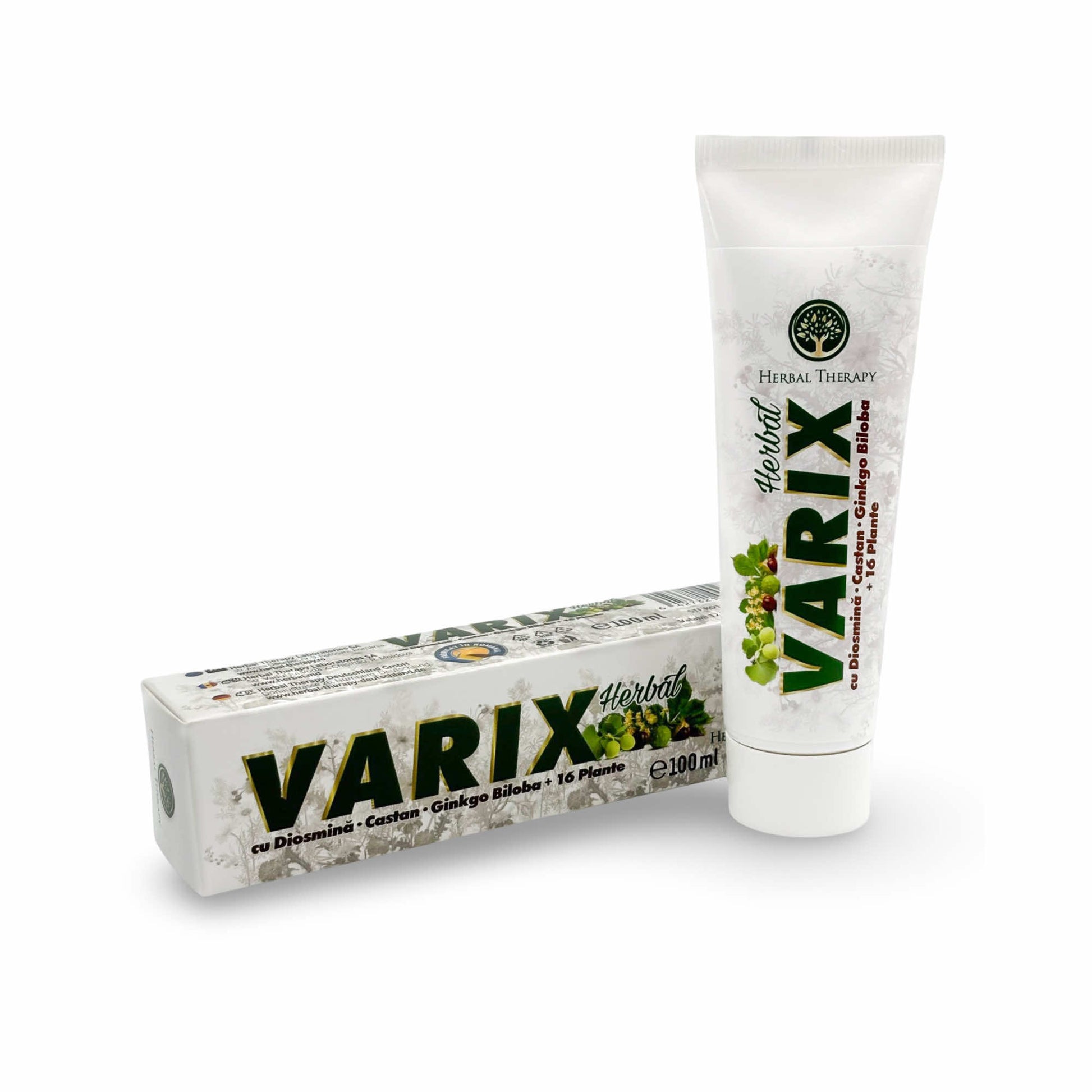 Cremă Varix Herbal Therapy 100 ml alături de ambalajul cutiei, produs pentru tratarea varicelor.