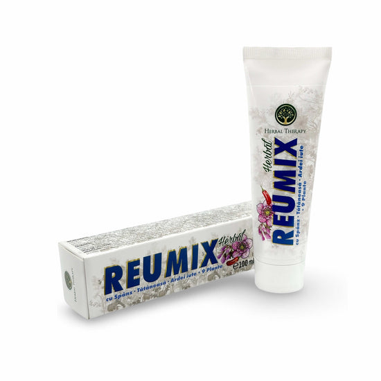 Cremă Reumix Herbal Therapy 100 ml alături de ambalajul cutiei, produs pentru tratarea reumatismului.