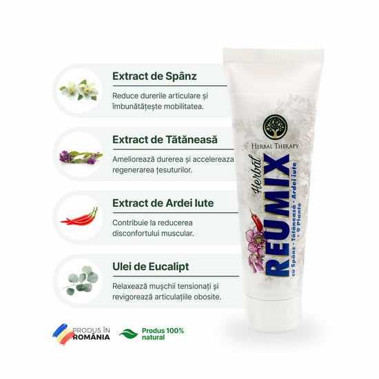 Ingrediente active ale cremei Reumix: extract de spânz, tătăneasă, ardei iute, ulei de eucalipt, produs natural, fabricat în România.